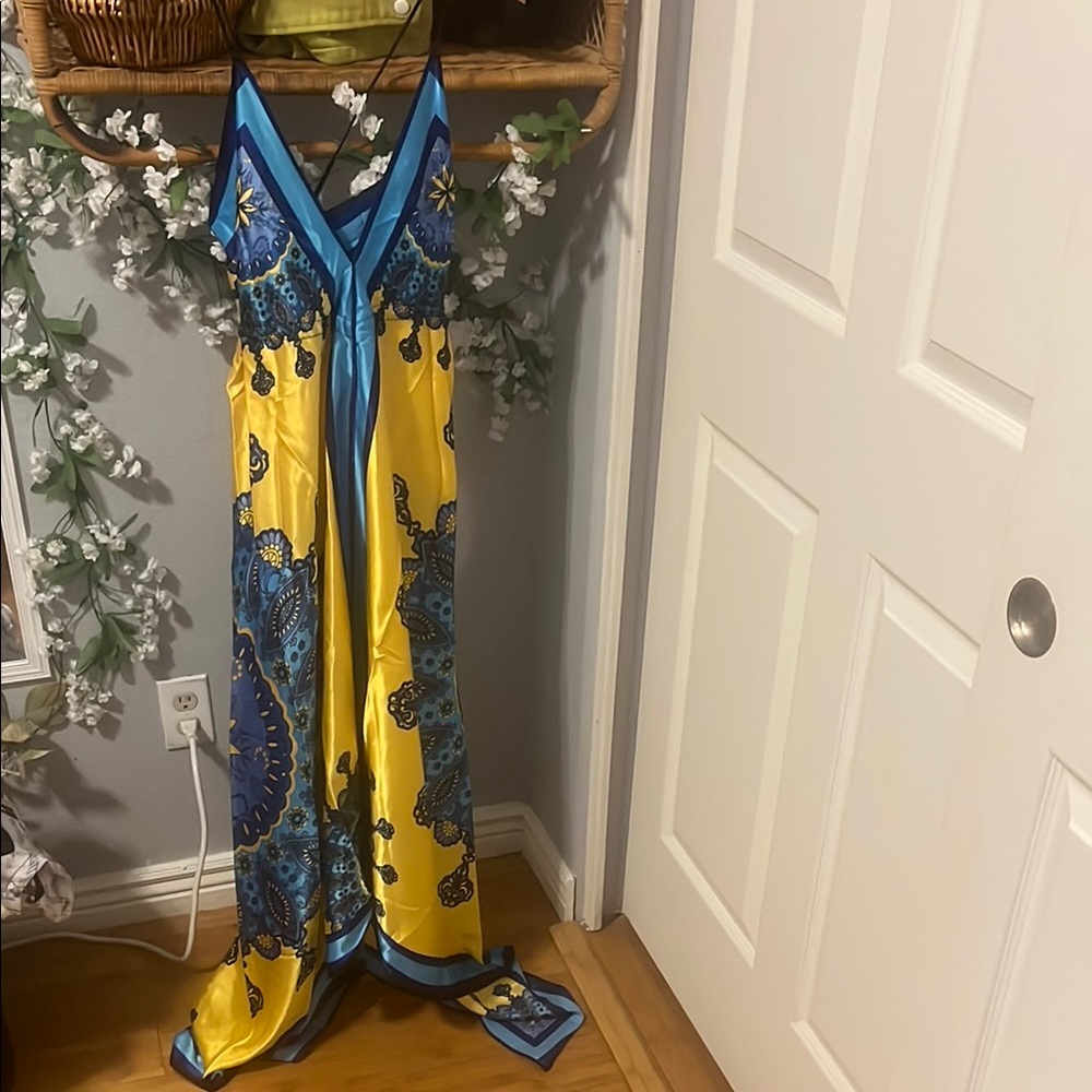 Rubber Ducky Productions Yellow and Blue Spaghetti Strap Maxi Sundress - Picture 7 of 7